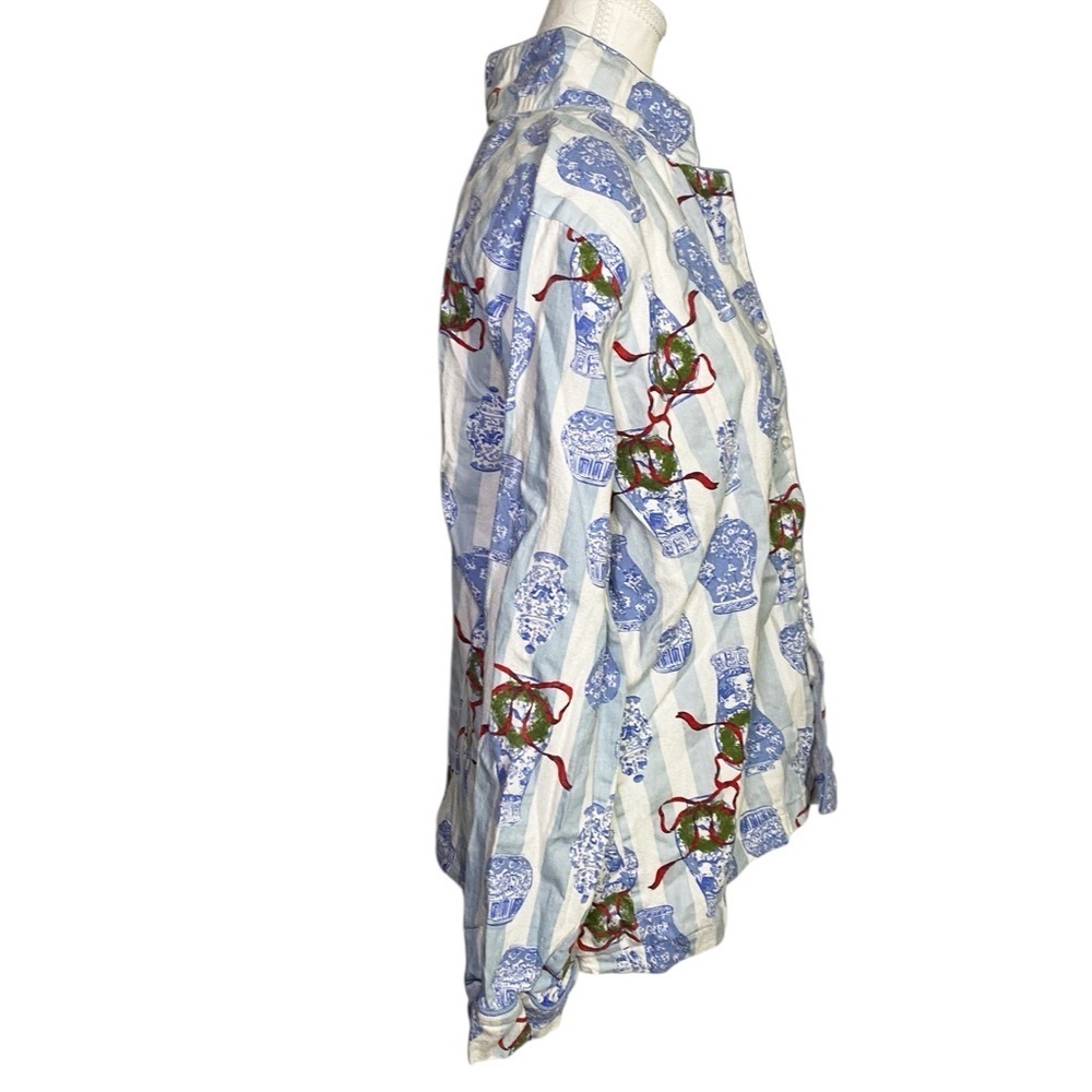 8 Oak Lane Blue and White Cotton Button Down Pajama Top - Picture 3 of 13